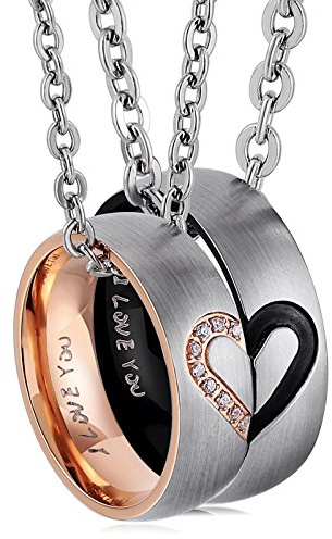 ANAZOZ Partnerringe für sie und ihn, Edelstahl Paar Halskette mit Ring Anhänger Puzzle Herz mit Gravur I Love You