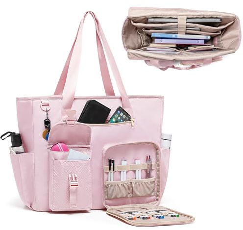 Fasrom Lehrertasche Arbeitstasche Damen Groß mit 15,6 Laptopfach, Rosa | Mit 2 Fächern für Laptop und Tablet, 4 Mesh-Taschen, Tasche mit Schnalle und Quadratischer Reißverschlusstasche für Büro