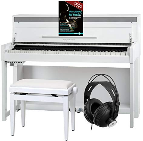 Classic Cantabile UP-1 Upright E-Piano - 88 gewichtete Tasten mit Graded Hammer Tastatur, Ivory Touch, 256 Polyphonie, 40 Sounds, OLED Display, USB MP3 Recorder (Weiß matt, Piano mit Zubehör)