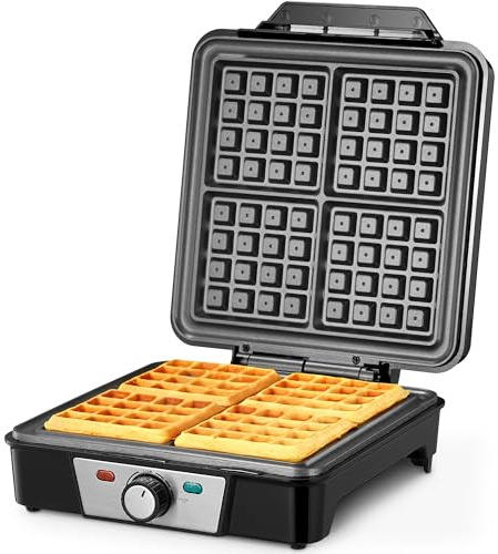Reemix Waffeleisen für 4 belgische Waffeln, 1200 W Waffel Elektrisch mit Antihaftbeschichtete Platten, Einstellbare Temperatur und Leichte Reinigung, Edelstahl