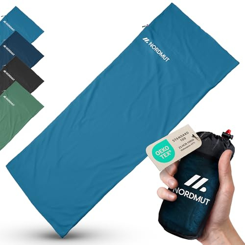 NORDMUT® Hüttenschlafsack Baumwolle Ultraleicht - Sommerschlafsack Kleines Packmaß & Atmungsaktiv - Schlafsack Dünn & besonders weich inkl. Kissenfach [220 x 90 cm]