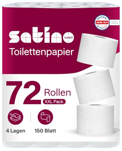 72 Rollen Toilettenpapier 4lagig – super soft dank 100% Zellstoff - Made in Germany - 150 Blatt pro Rolle – 9 Pack mit je 8 Rollen - super soft – weiß – Premium Klopapier 4 lagig – WC Papier Satino