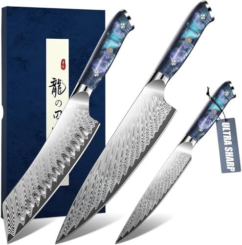 DRAGON RIOT Japanisches Messerset 3-teilig, Scharfes Küchenmesser-Set | Damast Küchenmesserset inklusive Kochmesser, Santoku-Messer und Allzweckmesser mit ergonomischem Griff, Geschenke für Männer