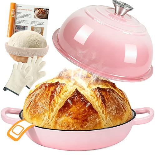 AHJ Gusseisen Topf Brot Backen, 5,7L Brotbacktopf mit Gärkorb & Silikonmatte,Emaille Dutch Oven 26cm für Sauerteig Brot, Bräter Schmortopf für Backen Schmoren & Braten,Geschenk für Brotbäcker (Rosa)