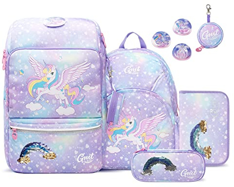 GMT for Kids Schulranzen Set 6-teilig Ergonomische Ultraleichte Schultasche Mädchen Junge Kinder Schulrucksack Grundschule Einhorn Schultaschen 1-4. Klasse Rucksack 22 L