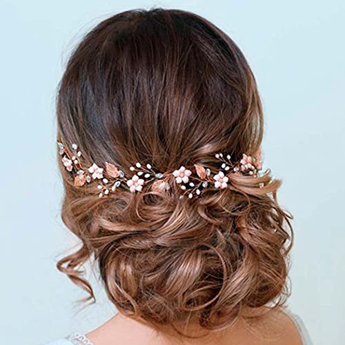 Handcess Brautschmuck mit Blättern und silberfarbenen Perlen, Opal, Kopfschmuck, Blume, Strass, Brautschmuck, Haarschmuck für Frauen und Mädchen rotgoldfarben