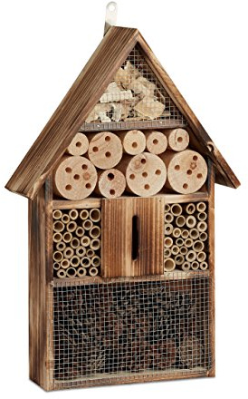 Relaxdays Insektenhotel 50 cm groß, Zum Aufhängen, Bienenhotel und Schmetterlingshaus, Geflämmtes Holz, natur