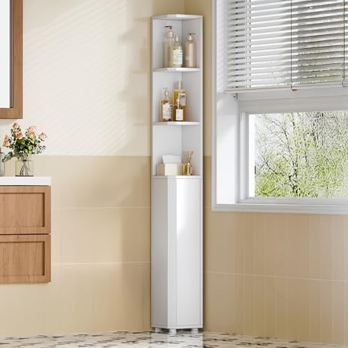Hzuaneri Badezimmerschrank, Eckschrank Badschrank, verstell. Regalen | Toilettenschrank, 2 Seitentüren, schmales Badregal, einfache Montage, 20 x 20 x 170 cm, weiß BC30003X