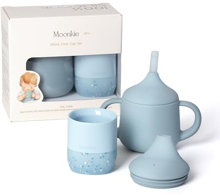 Moonkie Trinklernbecher Baby Silikon Set | 2-teilig: Offener Lernbecher 60ml + 3-Stufen Trinklernbecher 120ml | mit Trinkschnabel & Strohhalm | ab 4 Monate | BPA-frei (Äther Set)