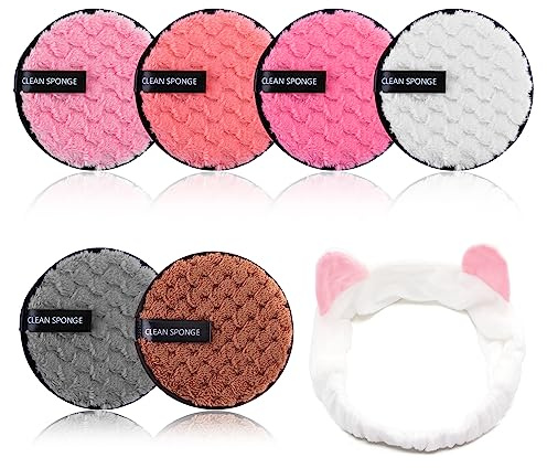 6 Stück Abschminkpads Waschbar,Abschminkpads Mikrofaser,Make up Entferner Pads mit Haarband,Wiederverwendbare,zur Gesichtsreinigung Hautpflege