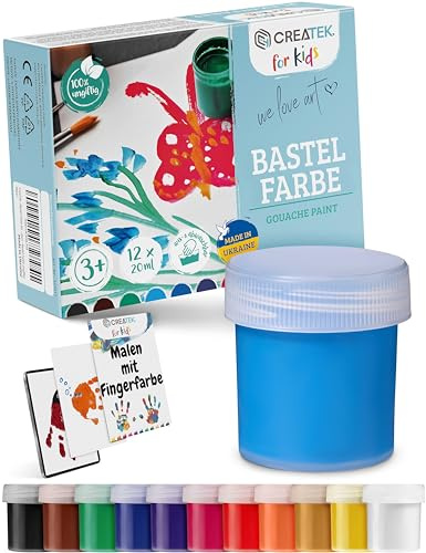 CreaTek Bastelfarben für Kinder [ perfekt für Kiga, Schule & Hobby ] 12x20ml leuchtende Malfarben Kinder 3 Jahre - 100% sicher, vegan, geruchlos & auswaschbar - Plakatfarben