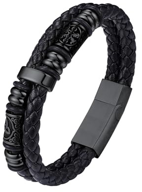 Bestyle Lederarmband Herren Armband Leder: Wikinger Armbänder Herren Schwarz mit Edelstahl Magnet Verschluss - 21cm Länge Personalisiert Flechtarmband Armkette Geschenke Schmuck für Männer