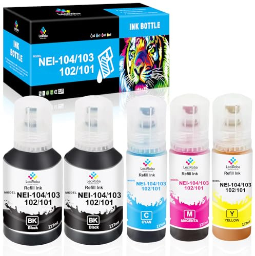 LeciRoba E-104 für epson 104 103 102 Ecotank Multipack use with ET-2710 ET-2711 ET-2712 ET-2714 ET-2715 ET-2720 ET-2726 ET-2810 ET-2815 ET-2820 ET-2821 ET-2826 ET-4700 ET-4800 ET-4810 (5 PK)