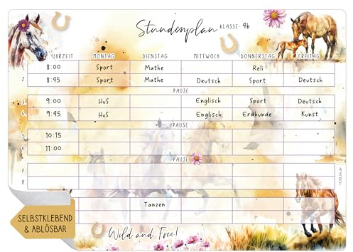TOBJA Stundenplan abwischbar selbstklebend | Pferde Design DIN A4 | Wiederverwendbar für Schulanfang & Füllung Zuckertüte Mädchen (ohne Stift)