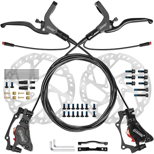 DYISLAND E-Bike Hydraulisches Scheibenbremsen Set 4-Kolben/2-Kolben, 2-pin/3-pin Vorinstallierter Mineralöl-Bremsensatz, Mit 2 Stück 180mm Rotoren