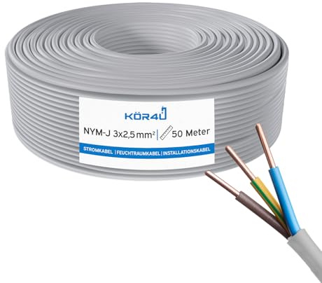 kör4u NYM-J 3 x 2,5 mm² – 50m, Installationskabel, Mantelleitung, Stromkabel für Elektroinstallation, Feuchtraumkabel, DIN VDE 0250-204