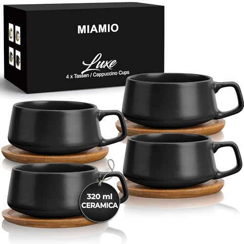 MIAMIO - 4 x 320 ml Kaffeetassen/Cappuccino Tassen mit Unterteller/elegant/modern/Kaffeebecher aus Steingut - Luxe Kollektion 4er Set (Schwarz)