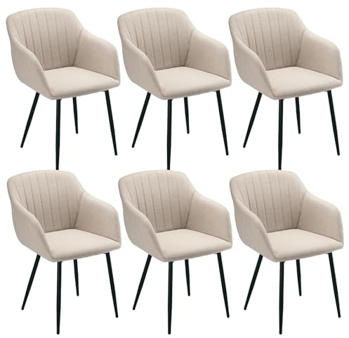 Goeurvant 6er Set Esszimmerstühle Beige mit Armlehnen, Polsterstühle Leinen, Moderner Küchenstühle, Armlehnstuhl mit Metallgestell für Esszimmer, Wohnzimmer und Schlafzimmer