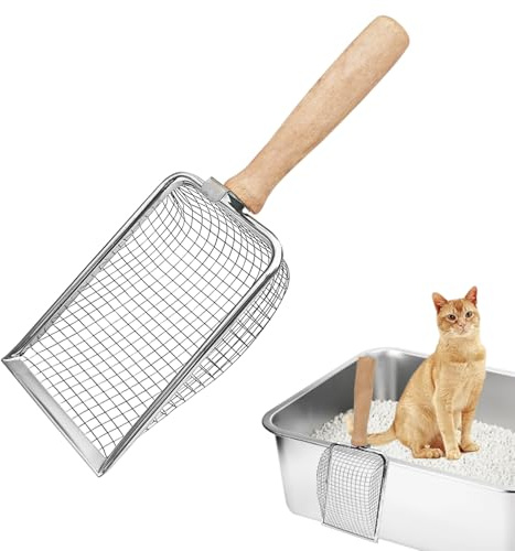 Fhintory Katzenschaufel Edelstahl für Katzenklo, Katzenklo Schaufel Fein, Metall Katzenstreuschaufel, Schaufel für Katzentoilette Lochabstand 5mm, Katzenschaufel mit Holzgriff, Litter Box Scoop