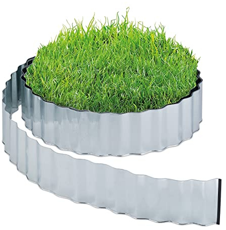 Relaxdays Rasenkante 15m, Beetbegrenzung aus Metall, verzinkt, flexibel, Umrandung f. Beet oder Rasen, 16cm hoch, Silber