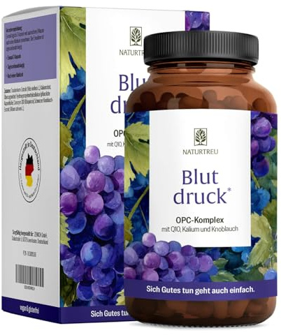 NATURTREU® Blutdruck - OPC Traubenkernextrakt hochdosiert 900mg Extrakt mit Q10, Kalium & schwarzem Knoblauch - Französische Trauben vegan - 90 Traubenkernextrakt OPC Kapseln hochdosiert.