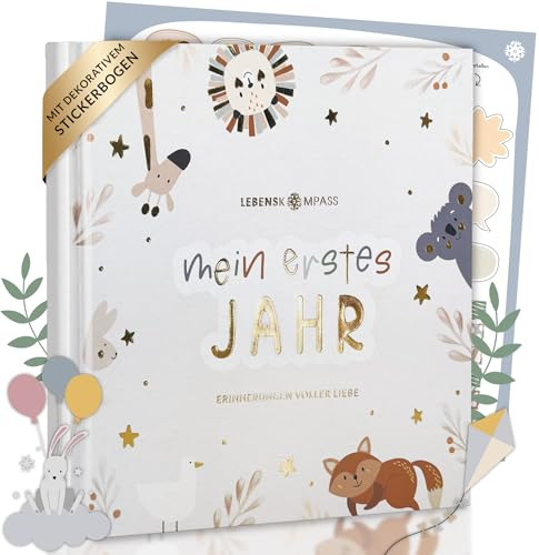 Lebenskompass Babyalbum Mein erstes Jahr PURE mit über 75 Stickern & Spruchkarte EXTRA - Ein Baby Buch zum Eintragen - Das Babytagebuch & Erinnerungsbuch für Mädchen & Jungen
