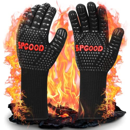 SPGOOD Grillhandschuhe hitzebeständig 800 Grad feuerfeste Handschuhe Kochhandschuhe Backhandschuhe für Küche Grill BBQ Ofenhandschuhe (Schwarz, L/XXL)