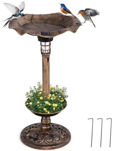 GOPLUS Vogeltränke stehend, Vogelbad Winterfest mit Solar Licht & Blumentopf, Vogelbrunnen Retro, Garten Tränke Bad für Wildvögel, Wassertränke für Vögel, Bird Bath für Terrasse & Rasen (Antikbronze)