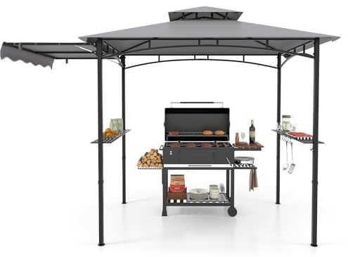 FANTASK Grillpavillon mit Seitenmarkise, 2 Seitenregalen & Haken, Doppeldach wetterfest, Grillunterstand Garten Partys, Gartenpavillon BBQ Pavillon, Grillüberdachungen, 318x153x250 cm (Grau)