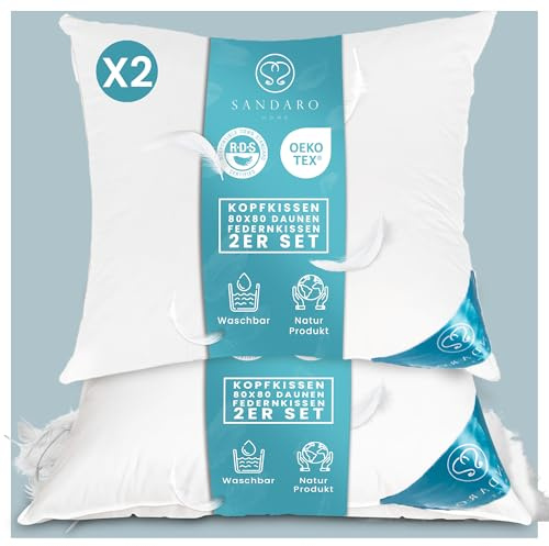 Sandaro Home Kopfkissen 80x80 Daunen-Federnkissen 2er Set, 80 x 80 cm 3 Kammern (1600gramm),100% Naturprodukt in reinem Baumwollbezug, Ultra Komfort, Öko-Tex Zertifiziert