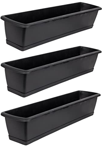 BigDean 3X Blumenkasten mit Untersetzer 80 cm lang anthrazit | Balkon Pflanzkasten schmal Balkonkasten - aus PP-Kunststoff - Wetterfest & Langlebig