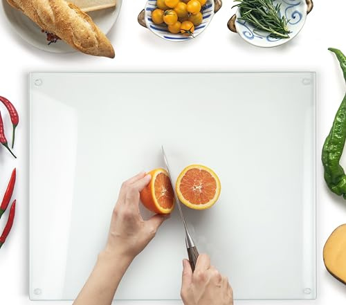 Kitchenville Glasschneidebrett 50×40 cm – Hygienisches Schneidebrett aus gehärtetem Glas – Hitzebeständig, Kratzfest & Rutschfest – Glasplatte für die Küche – Transparentes Design