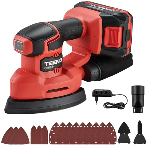 TEENO Akku Detailschleifer 20V, Multischleifer mit Staubfangsack, Deltaschleifer mit 2Ah Akku, 15 Stück Schleifpapiere,13000 U/min, für Holzmöbel, Türen, Ecken und Kanten