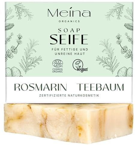 Meina Naturkosmetik - Teebaumöl Seife, Bio Naturseife gegen Pickel und unreine Haut ohne Palmöl, Zertifiziert, Vegan, Nachhaltig, Handgemacht, Wie ein festes Duschgel - 100g