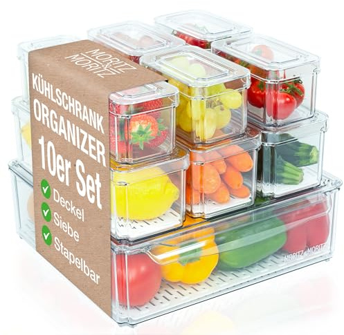 Moritz & Moritz 10er Pack Kühlschrank Organizer Set mit Deckel - Kühlschrank Boxen Stapelbar - Kühlschrankboxen Transparent - Robust - Aufbewahrungsboxen für Küche Vorratsschrank Schublade
