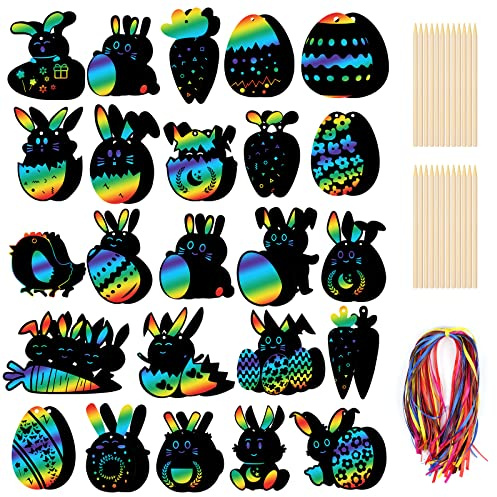 Vicloon Ostern Kratzbild Kinder, 48 Stück Hase Kratzpapier | Osterhasen Regenbogen Scratch Art DIY Dekoration für Ostern Party Mitgebsel (Oeuf)