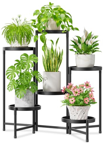 iDavosic.ly Pflanzenständer Blumenständer Metall Groß, 6 Etagen, Schwarz | Faltbare Blumenregal pflanzenregal für Indoor Outdoor; Innen Plant Stand Shelf für Wohnzimmer Balkon Terrasse und Garten