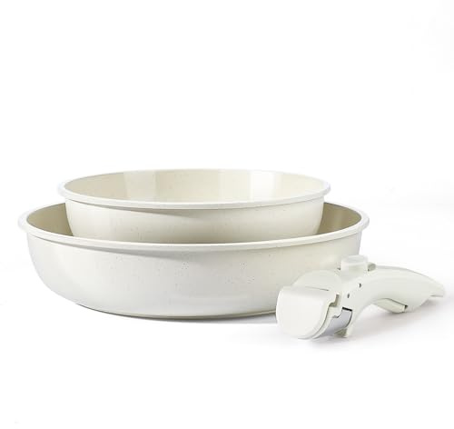 GiPP Granit Topfsets Pfannenset 3 Teiliges,Kochtöpfe Set Antihaft Kochgeschirr mit Abnehmbarem Griff,Für alle Herdarten geeignet,Spülmaschinenfest,Ofenfest(Weiß,3PCS)