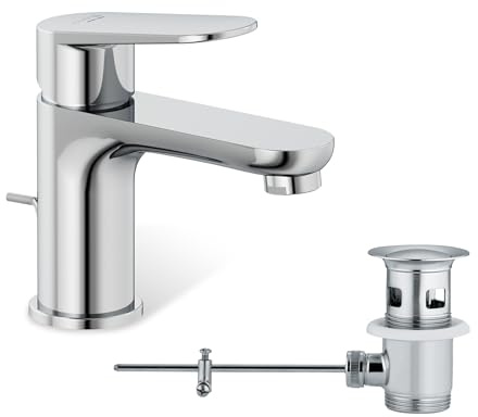 KLUDI-X1 Waschtischarmatur mit Zugstangen-Ablauf, Auslaufhöhe 75 mm, wassersparender Wasserhahn Bad Größe S, Keramikkartusche, Mischbatterie Waschbecken inkl. Anschlussschläuche in Chrom