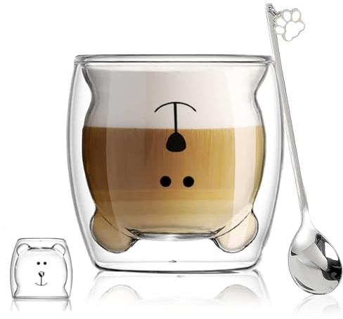 Süße Tassen Kaffee Teegläser Trinkgläser Kaffeeglas Doppelwandige Isolierglas Espressotasse Becher Geburtstagsgeschenk (Glücklicher Bär)