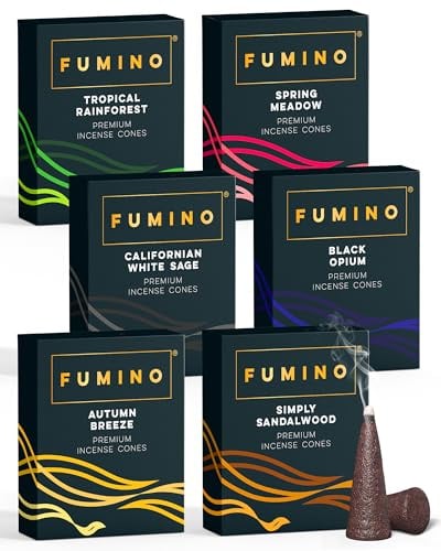 Fumino Räucherkegel-Set Essentiell Multipack - Frische Räucherkerzen mit Masala Agarbatti Joss Räucher Duft - 6 Boxen, 90 Räucherkegel - Räucherpyramiden Weihrauch für Entspannung & Meditation
