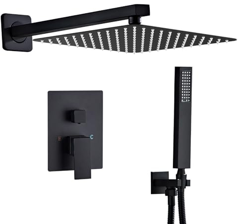 SaniteModar Unterputz Duscharmatur Set Schwarz, Duschsystem Unterputz mit 25x25cm Regendusche, Duscharmatur Unterputz Komplettset mit Handbrause