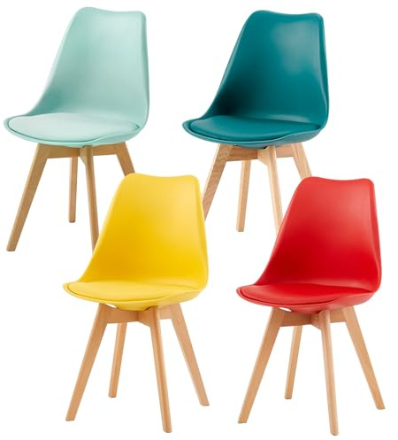 EGGREE 4er Set Esszimmerstühle Skandinavischer Schalenstuhl mit PU-Sitzkissen & Massivholz-Beinen, Bunt SGS-Geprüft Retro Küchenstuhl Polsterstuhl für Esszimmer & Wohnzimmer (Gelb,Rot,Mintgrün,Türkis)