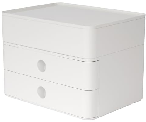 HAN Schubladenbox Allison SMART-BOX plus mit 2 Schubladen, Trennwand sowie Utensilienbox, inkl. Kabelführung, stapelbar, Büro, Schreibtisch, Küche, möbelschonende Gummifüße, 1100-12, hochglänzend weiß