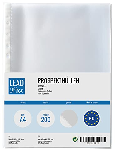 200 Prospekthüllen transparent DIN A4, Prospekt-Hüllen genarbt, farblose Klarsicht-Folien zum Schutz von Papier & Dokumente, Sichthüllen für A4 Ordner