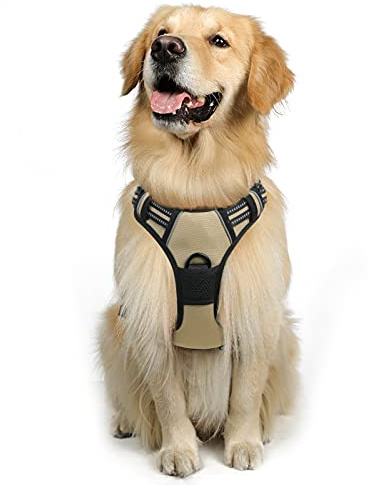 rabbitgoo Hundegeschirr Grosse Hunde, Anti Zug Geschirr mit Kontrolle, No Pull Verstellbar Hundegeschirr Mittelgroße Hunde, Atmungsaktiv Reflexstreifen Brustgeschirr Sichere Führung, Kaki, L