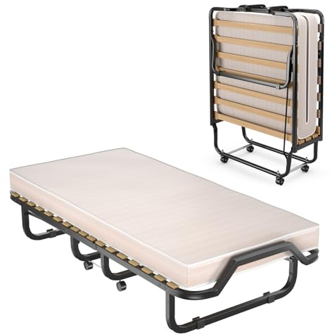 GOPLUS Gästebett 90×200 cm, Einzelbett klappbar mit Memoryschaummatratze, Stahlrahmen, 4 Universalrollen, Klappbett für Gästezimmer, Camping, Büro, Schlafzimmer & Wohnzimmer (Beige, 90×200 cm)