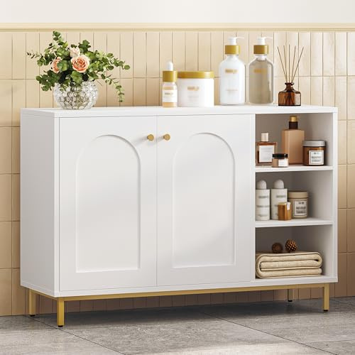 Hzuaneri Badezimmerschrank, Sideboard, Küchenschrank mit 2 Türen, Beistellschrank, Badschrank mit offenem Fach, Kommode, verstellbare Ablage, Badezimmer, 35 x 100 x 75 cm, Weiß-Gold SC10203G
