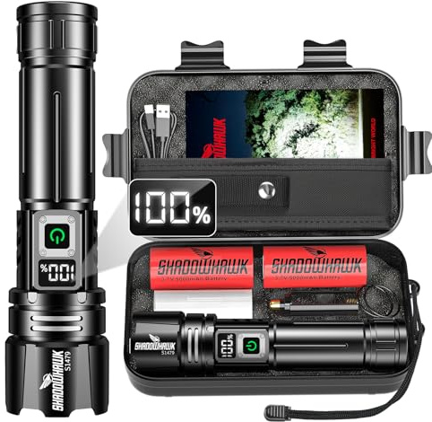 Shadowhawk 500000 Lumen Taschenlampe LED Aufladbar - Bis zu 1000m Reichweite, 24h Laufzeit mit 2 Akkus, LCD-Prozentanzeige Taktische Taschenlampen, Extrem Hell Flashlight für Camping, Wandern, Outdoor
