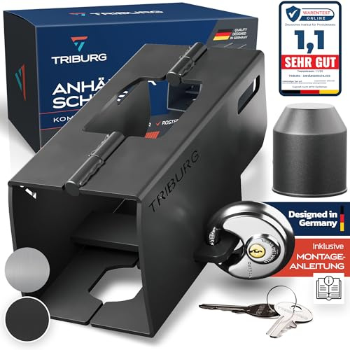 TRIBURG Anhängerschloss inkl. Rundschloss | Achtung: für Kupplungen bis max. 7cm Höhe x 9cm Breite | Sicherung für an/abgekuppelte Anhänger - Deichselschloss Rostfrei [Versicherungskonform]